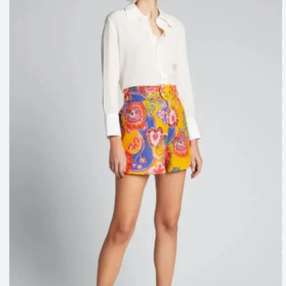 Zimmermann Lovestruck Belted Linen Shorts in Yellow Gold Paisley Size 2 / US 8